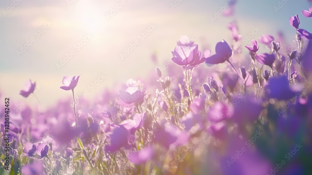 Poster purple wildflowers in a sunlit field with a soft focus and vibrant hues, nature background with colo