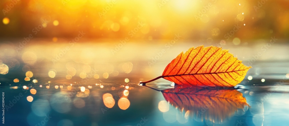 Aufkleber autumn leaf floating on water surface reflecting warm light bokeh in blurred background with copy sp