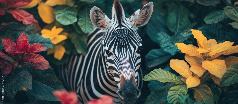 Poster zebra peeking through colorful foliage in a vibrant natural setting with blurred background and clea