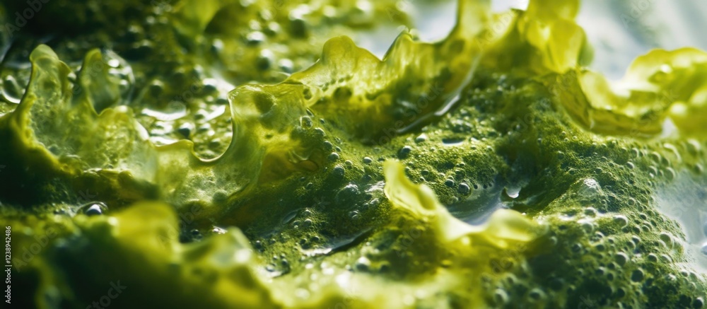 Poster close-up view of green algae with bubbles and wavy texture under water with soft lighting copy space