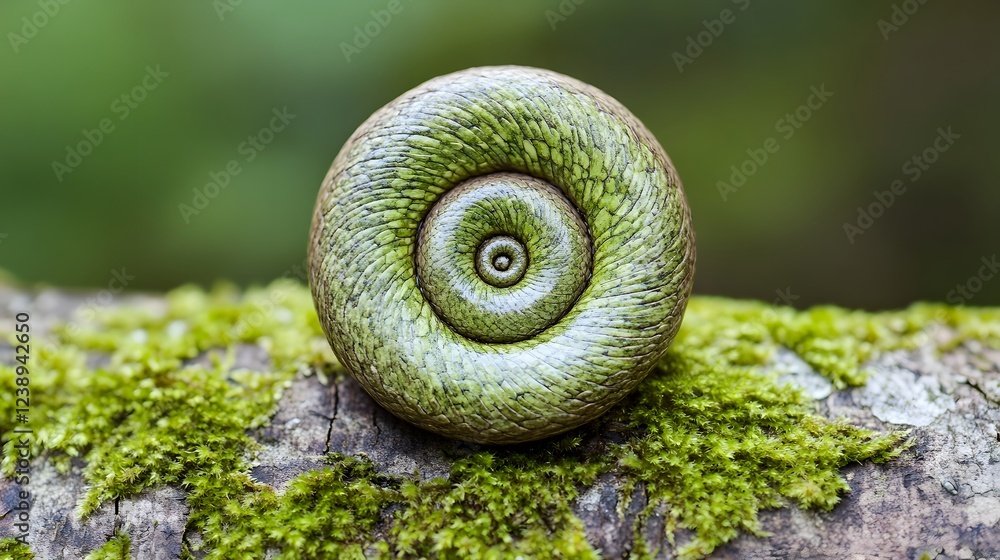 Poster coiled snake on mossy log displaying natural symmetry and design