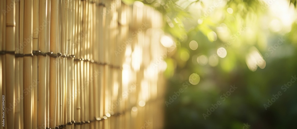 Aufkleber bamboo fence in soft sunlight with greenery blurred in the background providing natural texture and 