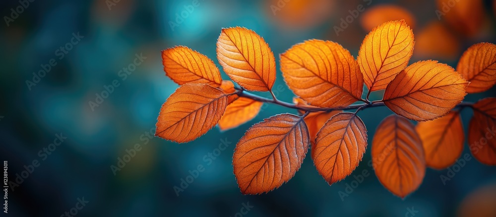 Poster orange leaves on branch with subtle background blur and copy space for text