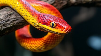 Fototapeta premium Brightly Colored Tree Snake Coiled on Branch,Showcasing its Elegant Body and Agility