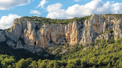Naklejka premium Rocky cliff landscape with greenery in the foreground and blue sky with clouds in the background, natural scenery, Copy Space