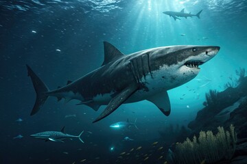 Naklejka premium Massive megalodon shark swimming in the dark depths of the ocean, aquatic predators, underwater life, marine wildlife