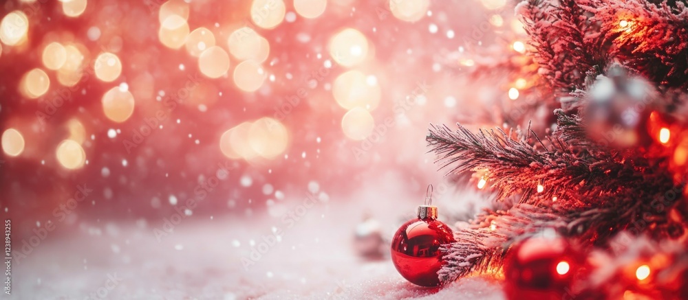 Poster christmas tree with red ornaments and soft bokeh background of glowing lights with snowfall copy spa