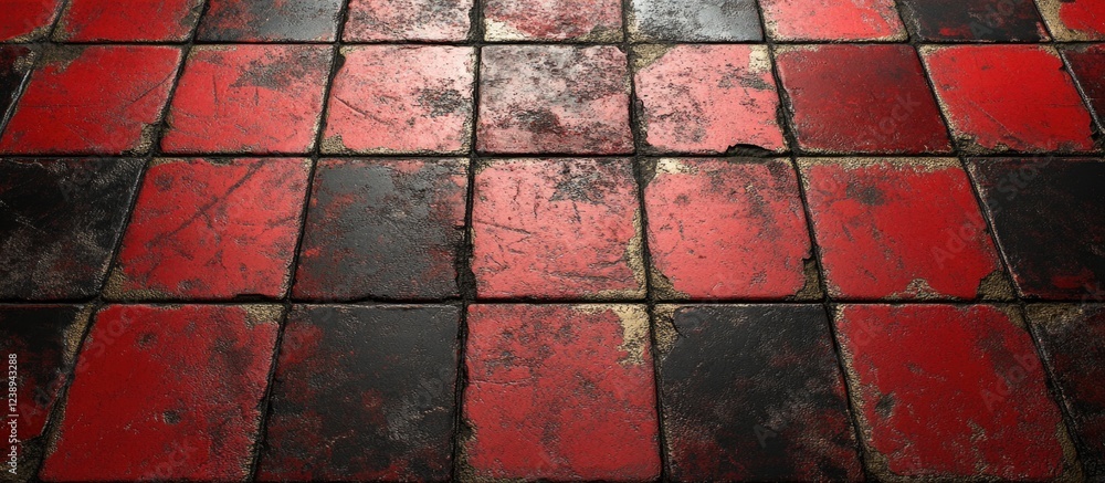 Poster grungy black and red tiled floor with visible wear and tear showcasing a distressed texture and unev