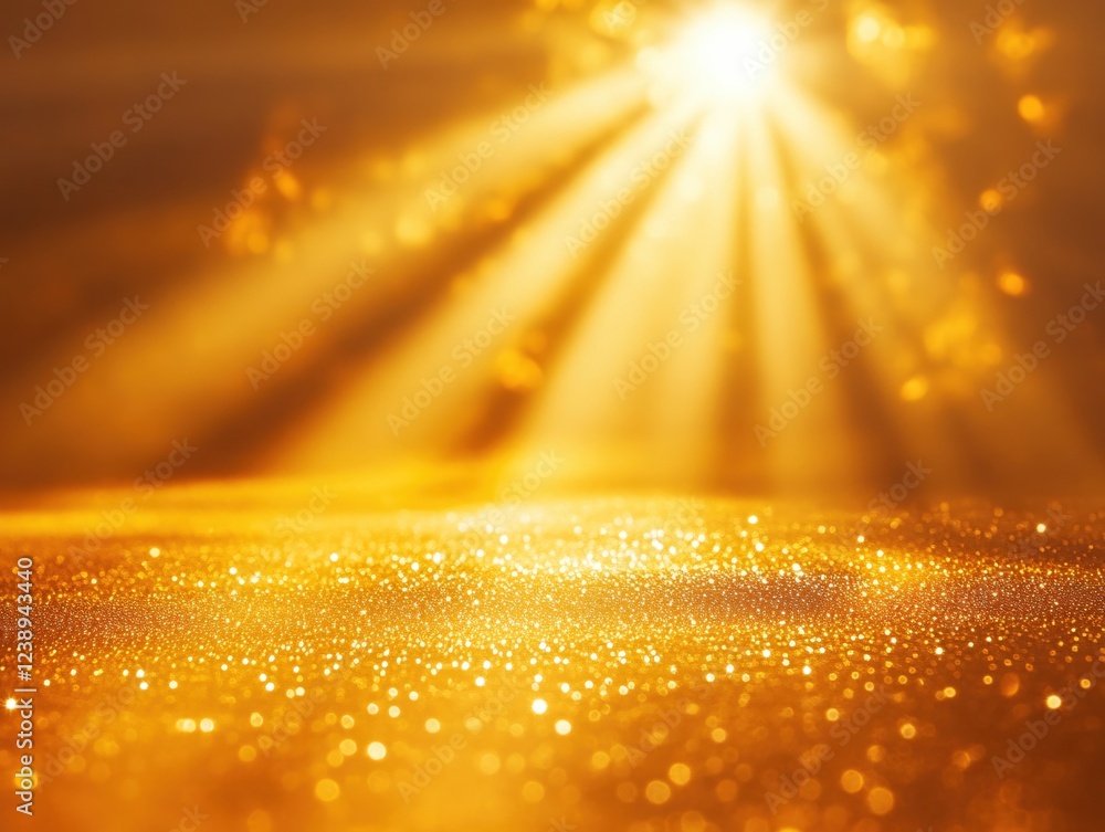 Aufkleber golden light rays shining down on a shimmering surface with bokeh and bright glow effect