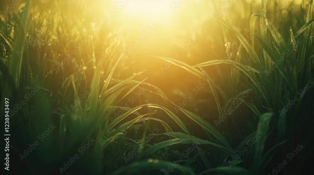 Poster sunlight filtering through grass with dewdrops at dawn creating a natural background with copy space