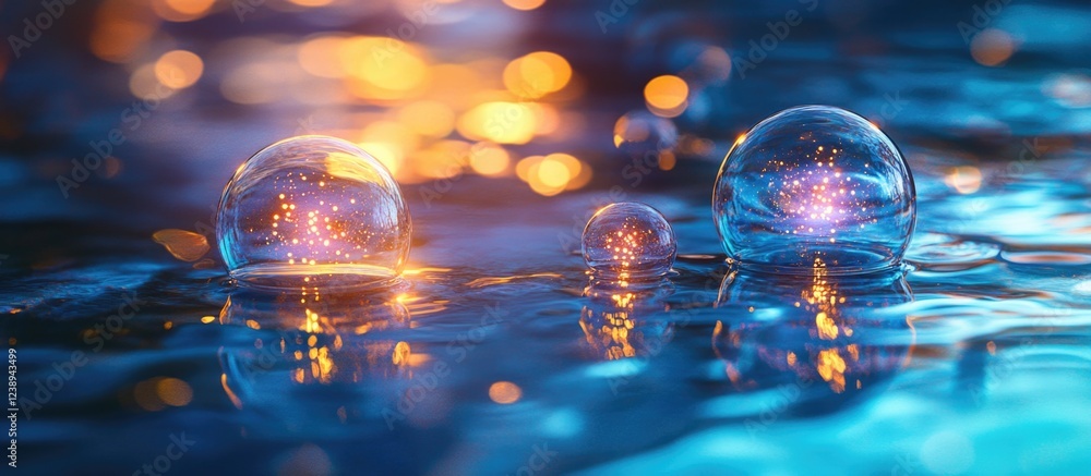 Poster bubbles floating on water surface with reflections and colorful bokeh lights in the background copy 