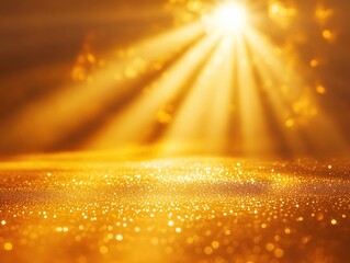 Golden light rays shining down on a shimmering surface with bokeh and bright glow effect
