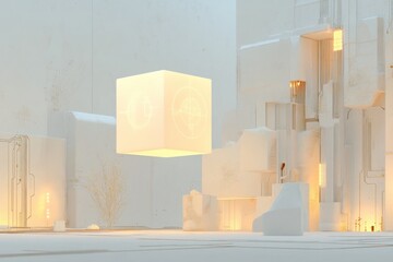 Floating Glowing Cube in a Minimalistic White Room Displays a Holographic Ethical Dilemma Diagram With Digital Circuits