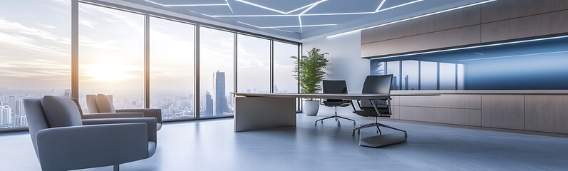 Fototapeta premium Futuristic office space featuring a geometric ceiling, ideal for modern interior design inspiration.