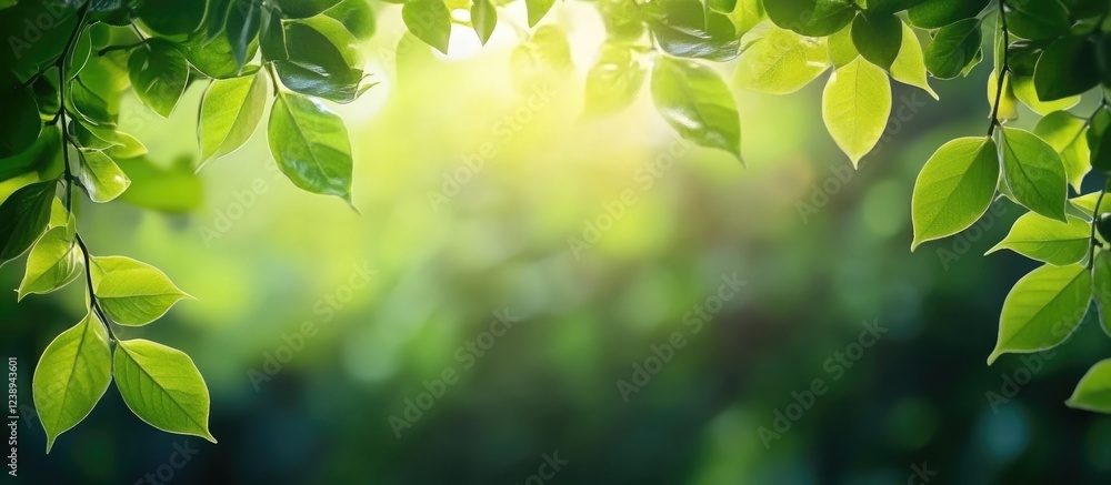 Poster green leaves with sunlight shining through foliage creating a natural background with copy space for