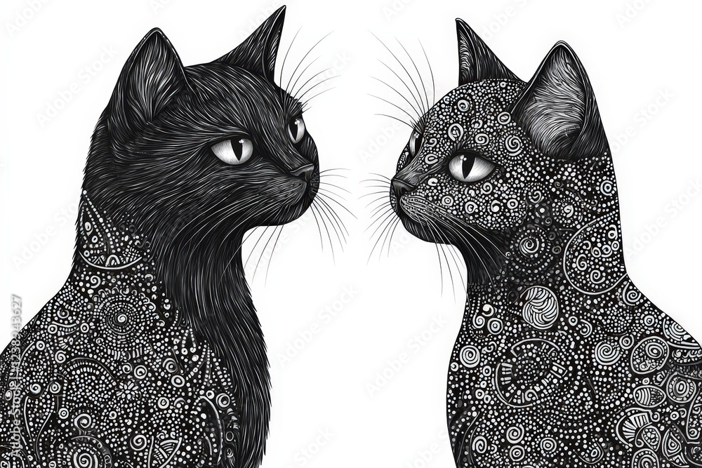 Poster two beautifully illustrated cats confront each other, their bodies filled with elaborate patterns an