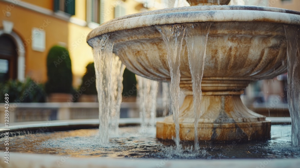 Aufkleber fountain with flowing water in urban setting with blurred background showing building and greenery c