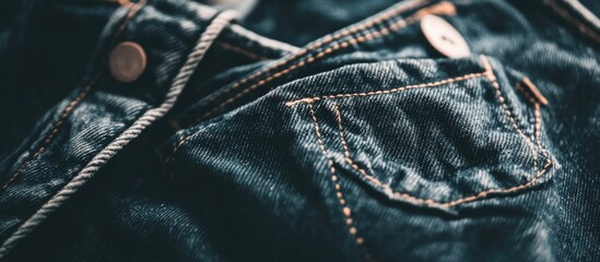 Naklejka premium Close-up of denim fabric with pocket and buttons showing texture and stitching details Copy Space