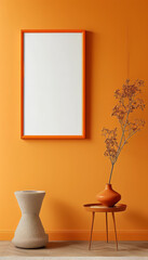 Blank picture frame mock up, Elegant orange frame empty white canvas hanging on the wall, minimal mockup frame on orange clean wall, modern interior, wall art presentation template, Picture frame