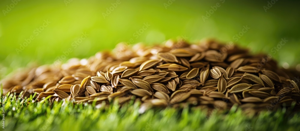 Aufkleber close-up of a pile of seeds on lush green grass with a soft blurred background and ample copy space 