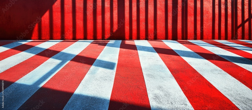 Poster abstract geometric pattern of red and white stripes with shadows creating an artistic effect on the 