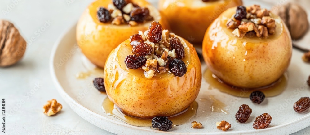 Poster baked apples topped with nuts and raisins drizzled with honey on a round plate with walnuts in the b