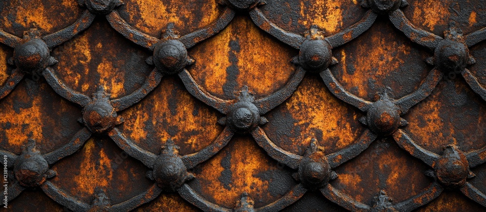 Poster rusty wrought iron decorative fencing background with intricate patterns and texture, suitable for a