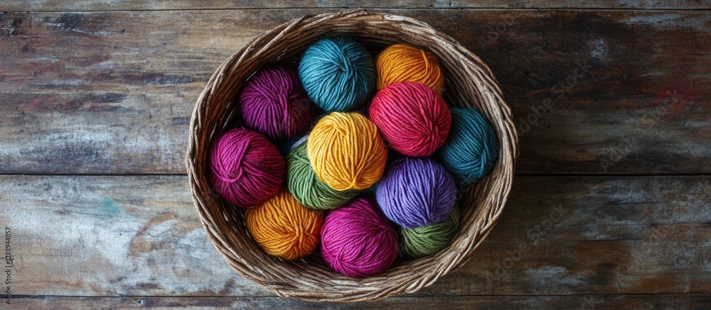 Poster colorful yarn balls in a wicker basket on a rustic wooden table background with copy space for text 
