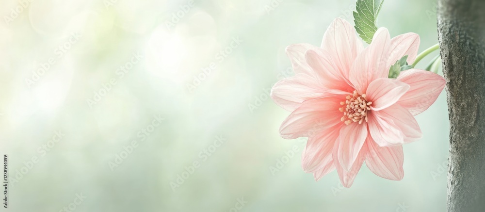 Poster pink flower with soft petals and light green background with copy space for text placement.