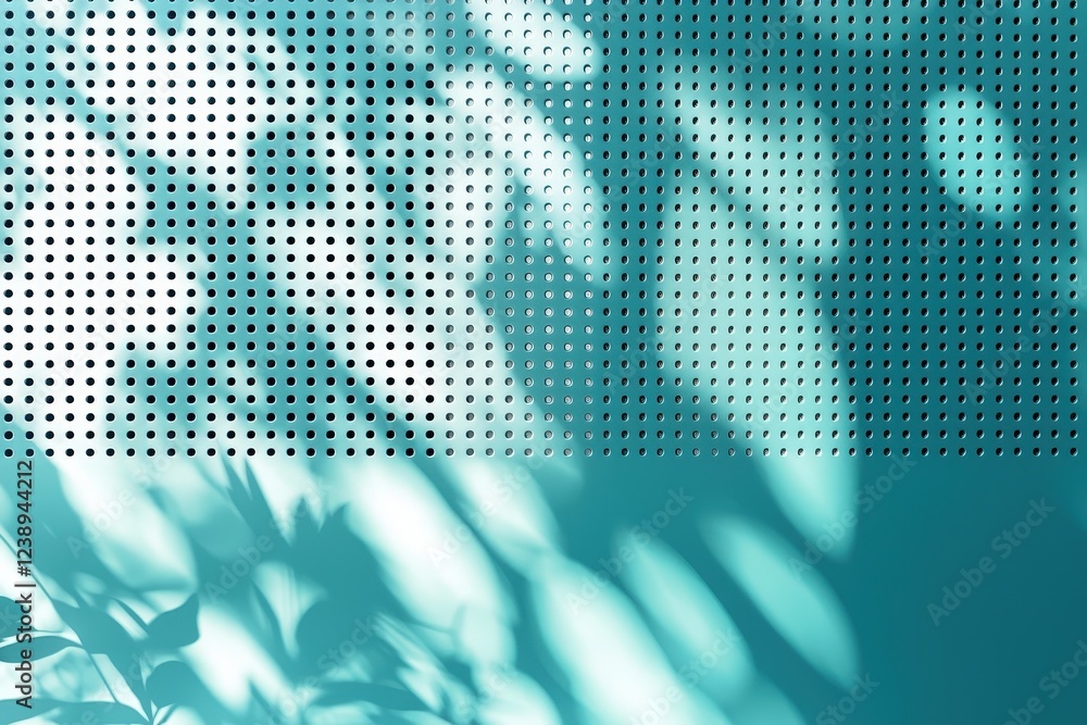 Poster Soft sunlight filters through a perforated panel, creating delicate patterns of light and shadow on a bright teal backdrop. The interplay enhances the serene atmosphere
