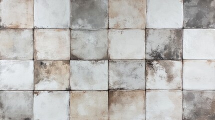 Naklejka premium Rustic weathered tile wall with square patterned design in neutral tones