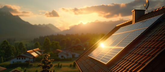 a houseroof in on summer morning with solar pannels on it while the sun raises