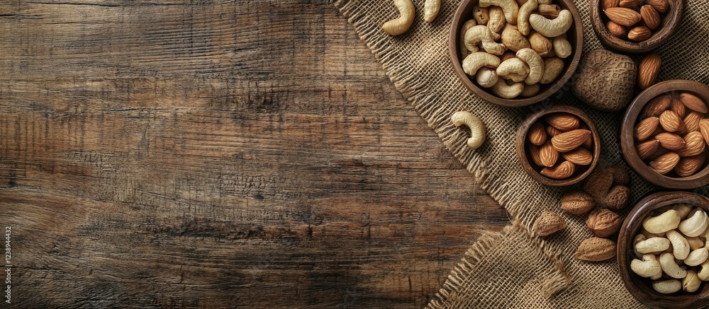 Poster assorted nuts in wooden bowls on burlap fabric over rustic wooden background with copy space for tex