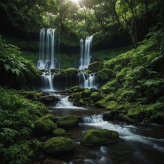 Obraz premium Take a picture of a waterfall surrounded by lush greenery.