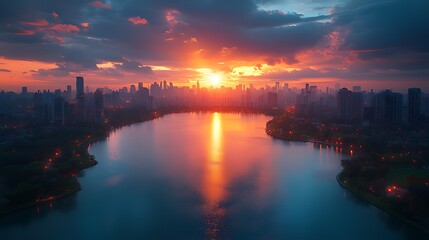 Cityscape sunset reflecting on lake, aerial view