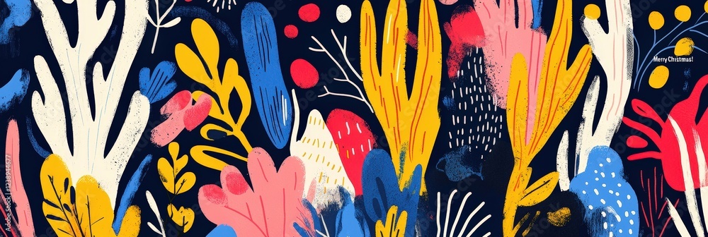 Poster A lively abstract botanical artwork showcases an array of stylized plants and flowers in bright colors against a dark backdrop, creating a striking visual effect
