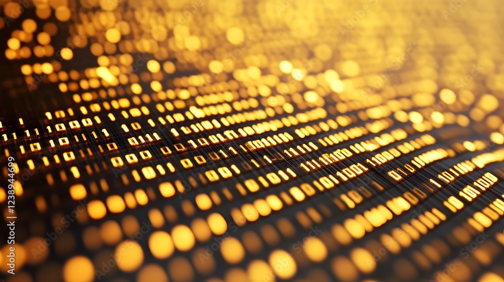 Poster golden coin with reflecting digital numerals representing finance and data convergence