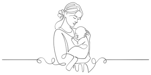 Mothers and baby line art vector illustration