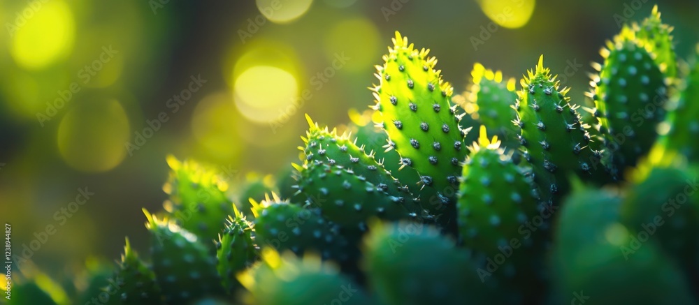 Poster close-up of green cactus plants with sharp thorns and soft background bokeh copy space