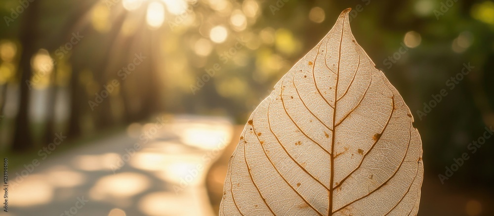 Poster dry leaf in focus with a blurred sunlight background in a pathway surrounded by trees copy space