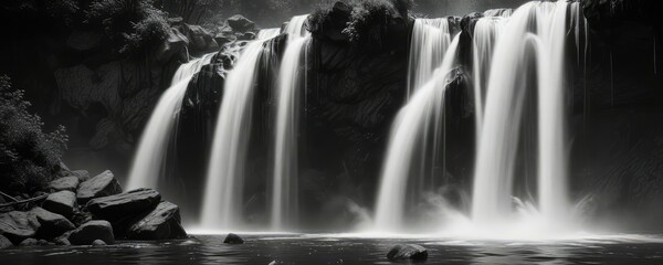 Minimalist image of black and white flowing waterfall, peaceful, serene