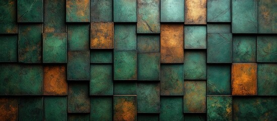 Textured abstract background of layered rectangular tiles in green and brown tones with copy space for design projects