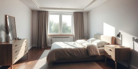Fototapeta premium Minimalistic bedroom with a cozy bed, sleek dresser, and a large window letting in natural light, furniture, modern