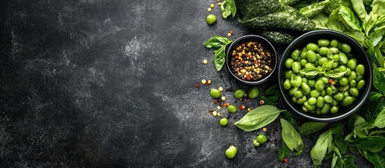 Fresh green vegetables and herbs with bowls of green peas and spices on dark textured background Copy Space