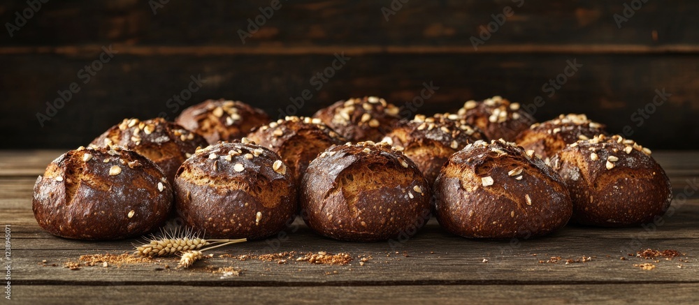Poster freshly baked round bread rolls with a crispy crust and oats on top arranged on a rustic wooden tabl