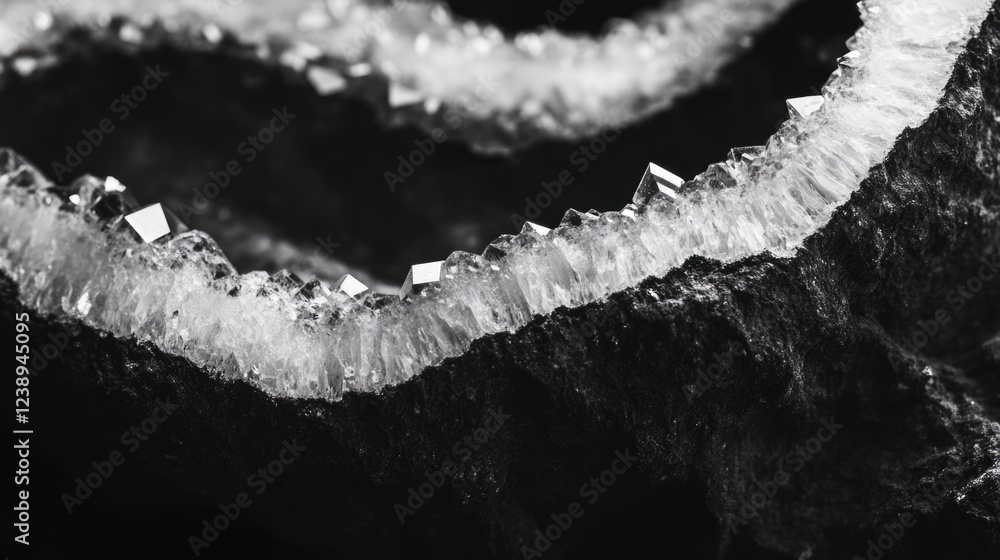 Poster close-up of crystalline mineral formations with sharp edges and textured surfaces on a dark backgrou