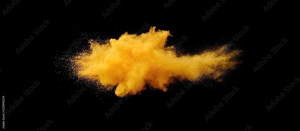 Poster yellow powder explosion on a black background creating a vibrant and dynamic visual effect with ampl
