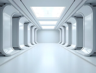 Obraz premium Futuristic perspective view of empty space with hidden lighting and white floor.
