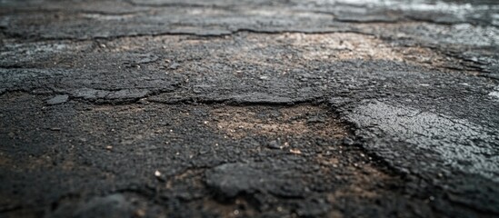Cracked asphalt road surface with texture detail in a low angle view and natural lighting