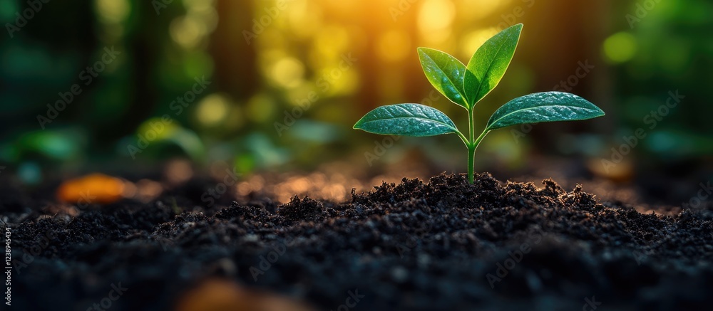 Aufkleber green seedling emerging from dark soil with soft sunlight filtering through a forest in the backgrou